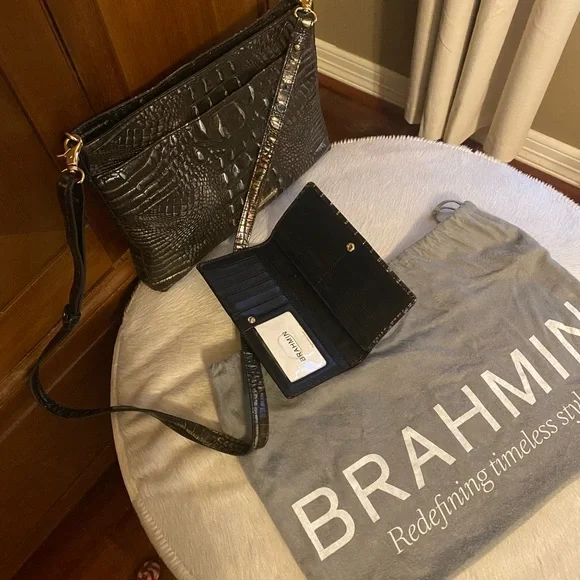 Brahmin Black vintage Embossed Crossbody Bag with matching wallet - Picture 2 of 4